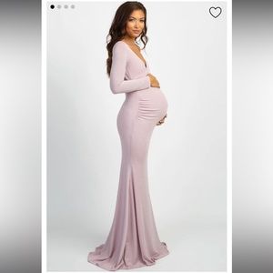 Pink Metalic off shoulder long sleeve wrap maternity dress